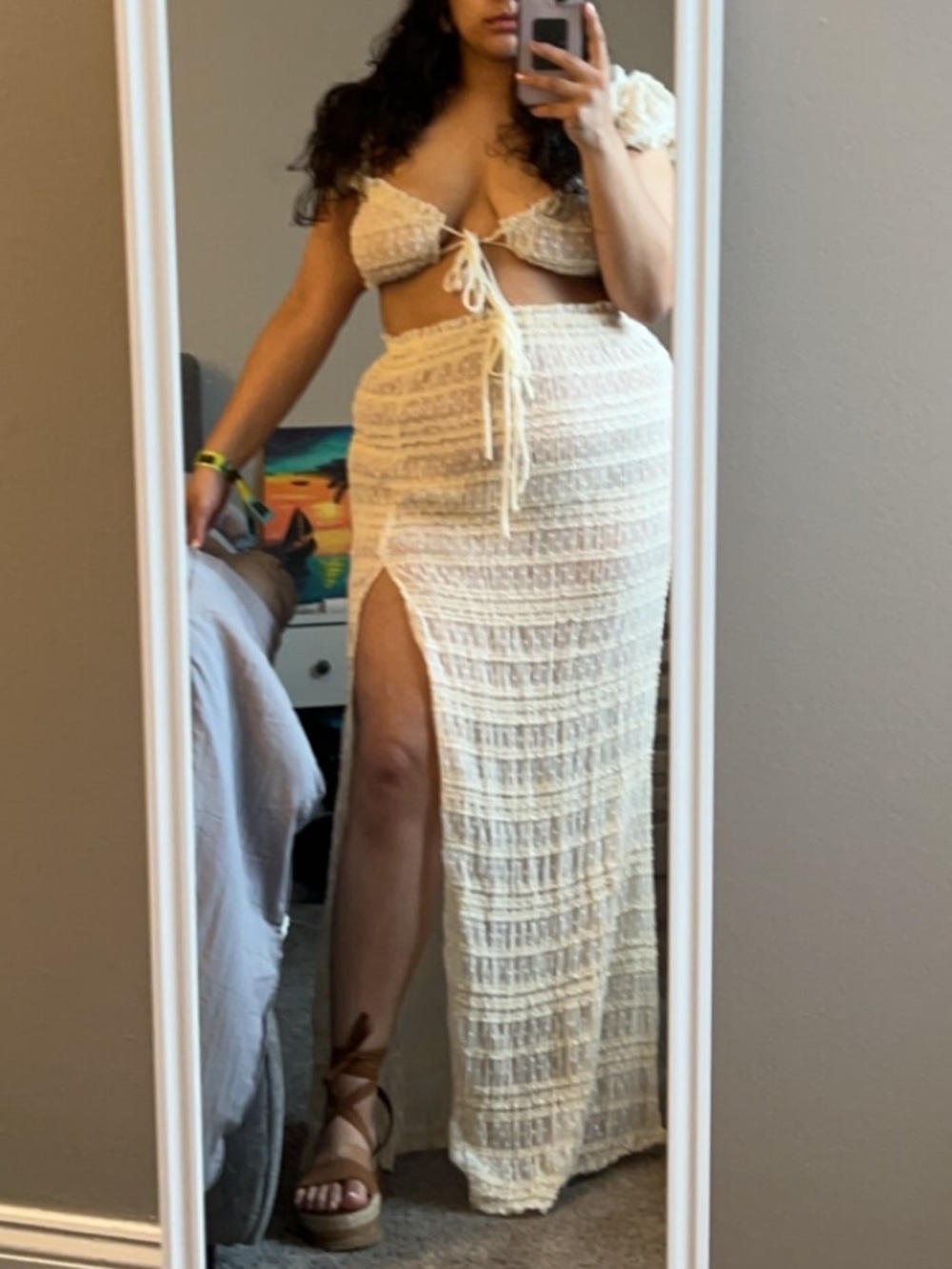 cream textured chiffon maxi skirt & crop top with tie in front detail